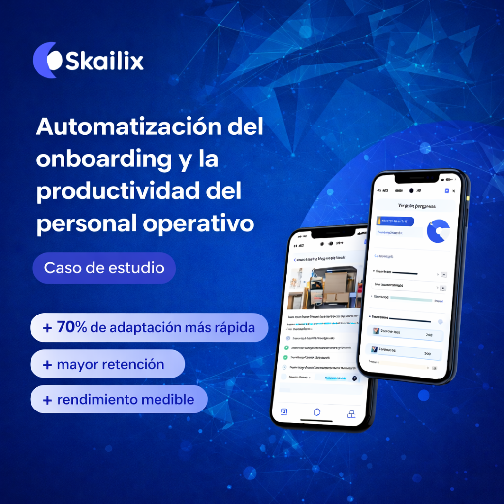 Portada del caso de estudio de Skailix que muestra la aplicación de formación de empleados con IA y los resultados de rendimiento del onboarding