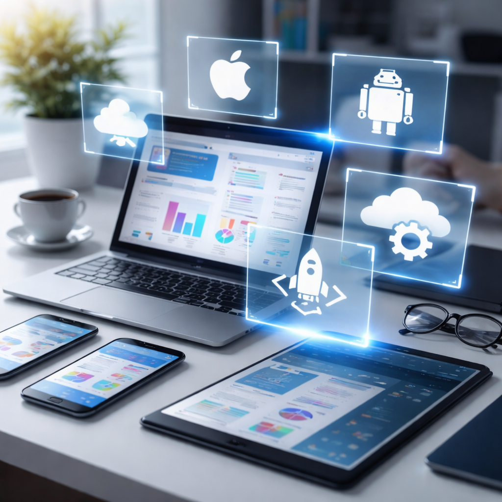 Espacio de trabajo digital moderno que ilustra el desarrollo de aplicaciones móviles y web, la integración en la nube y soluciones de software escalables.