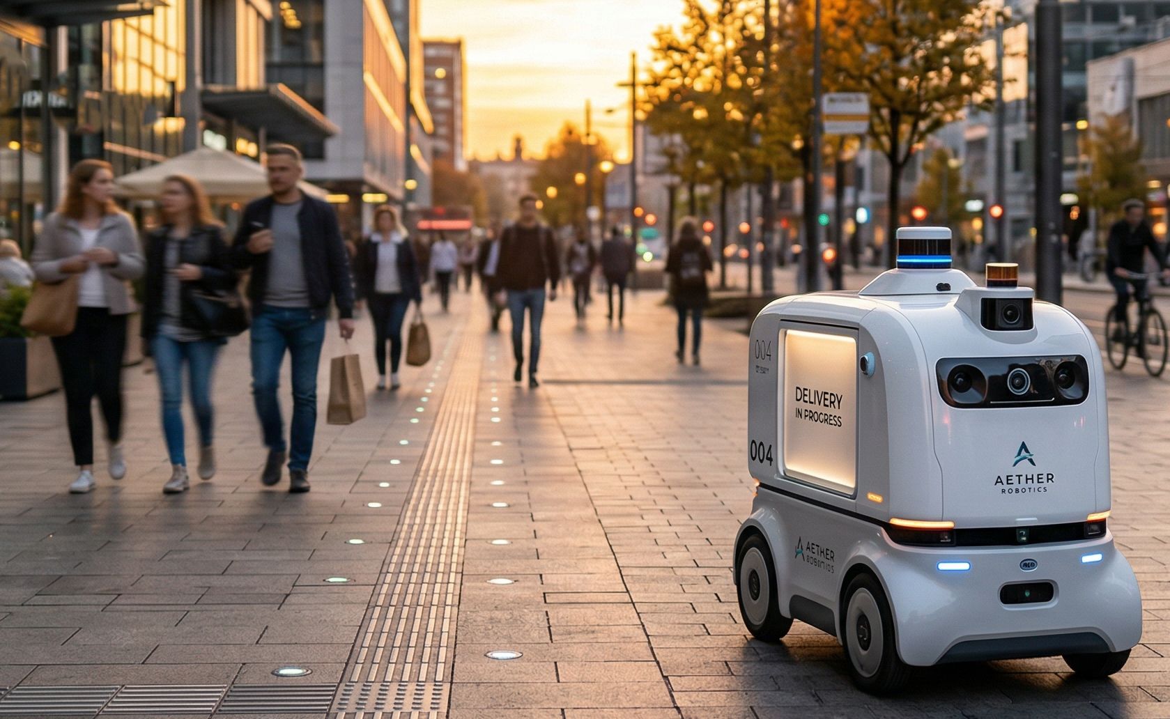 A self-driving delivery robot with glowing sensors makes its way along a modern, busy city sidewalk at sunset.
