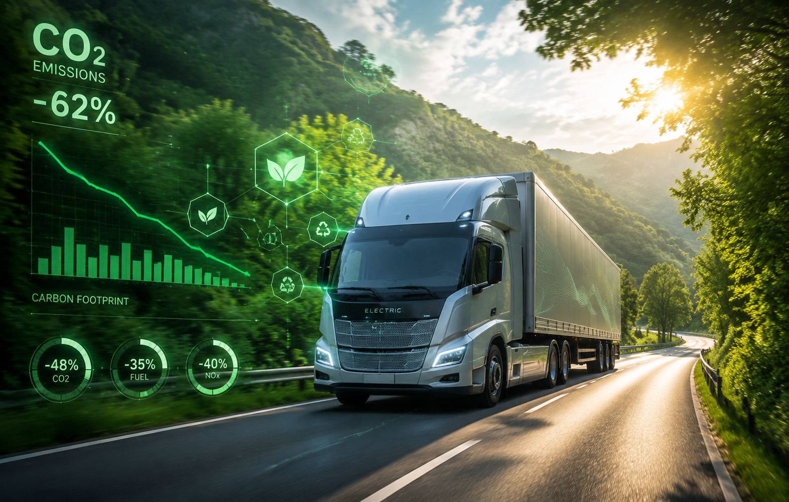 A blue electric semi-truck driving along a green mountain highway under sunlight, with a digital overlay of CO2 emission analytics and environmental performance charts.