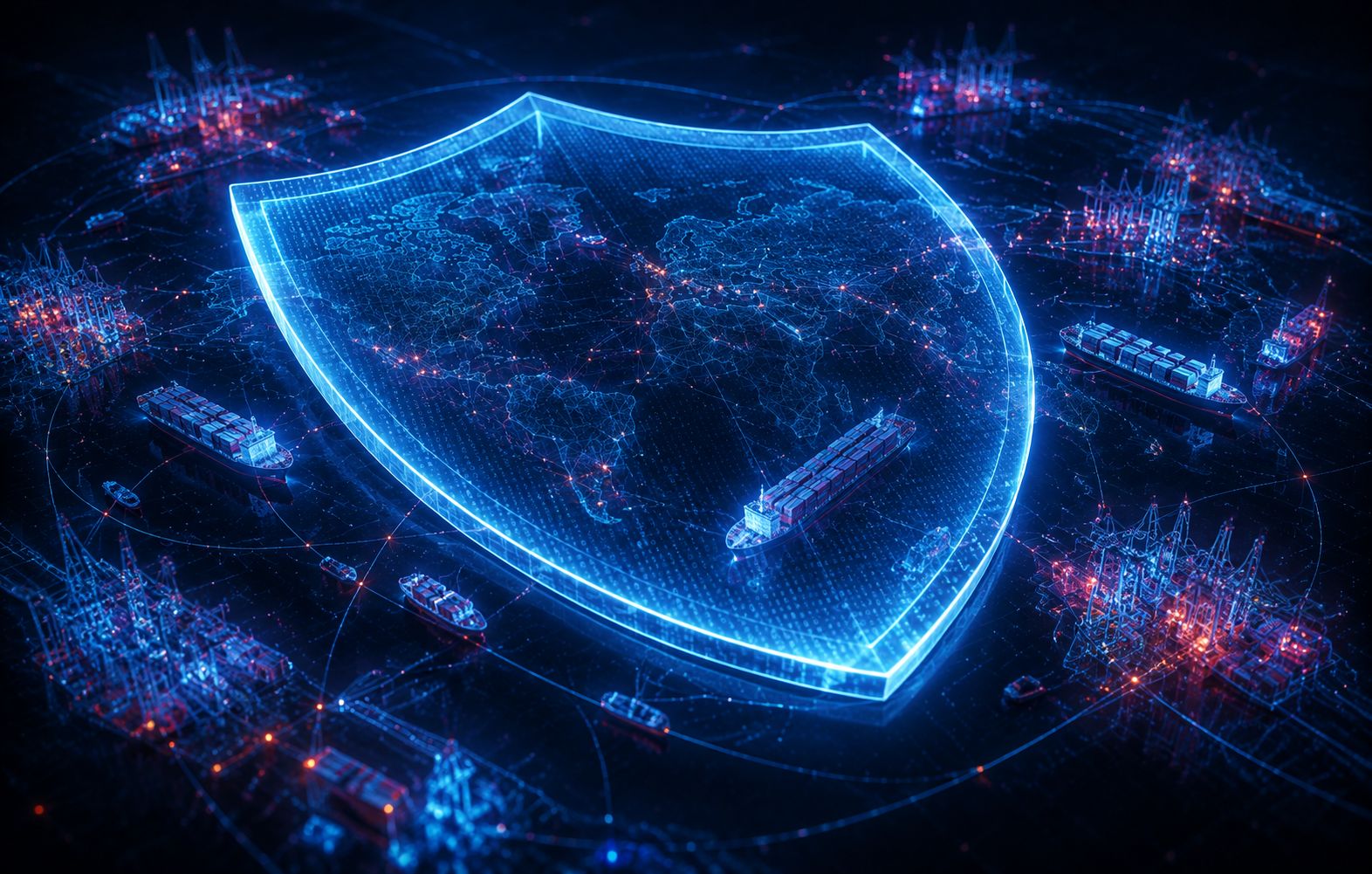 A 3D futuristic cybersecurity visualization showing a translucent shield over interconnected maritime logistics lanes and ports, illuminated with streaming data and cybernetic light effects.