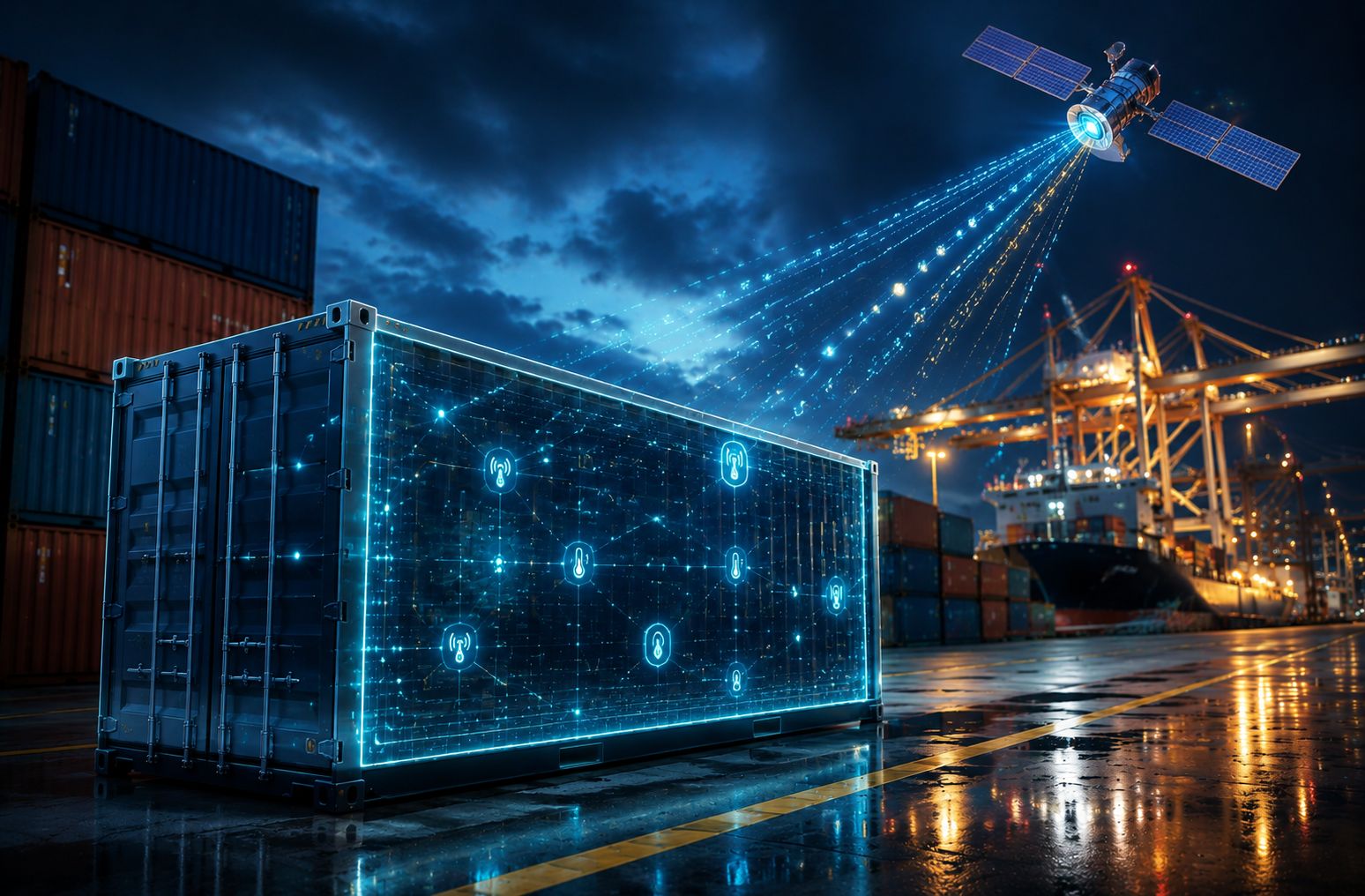A cinematic sci-fi logistics scene showing an illuminated smart container in an industrial harbor, visualized with digital connectivity overlays representing real-time sensor data and satellite communication.