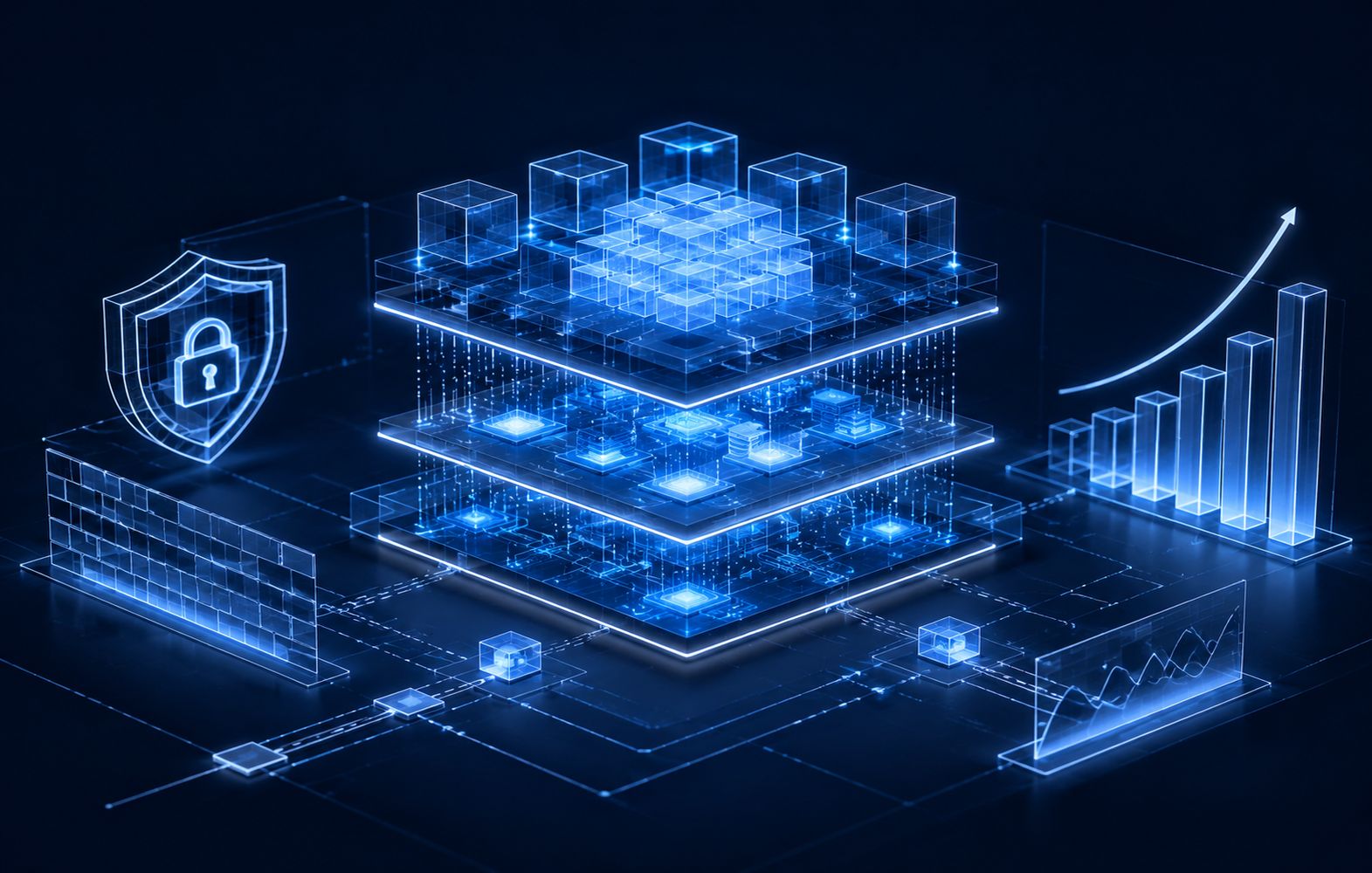 Futuristic abstract diagram of a cloud-based system rendered in neon blue wireframe, illustrating stacked system layers, data flow, and analytics components in a clean high-tech design with a deep dark backdrop.
