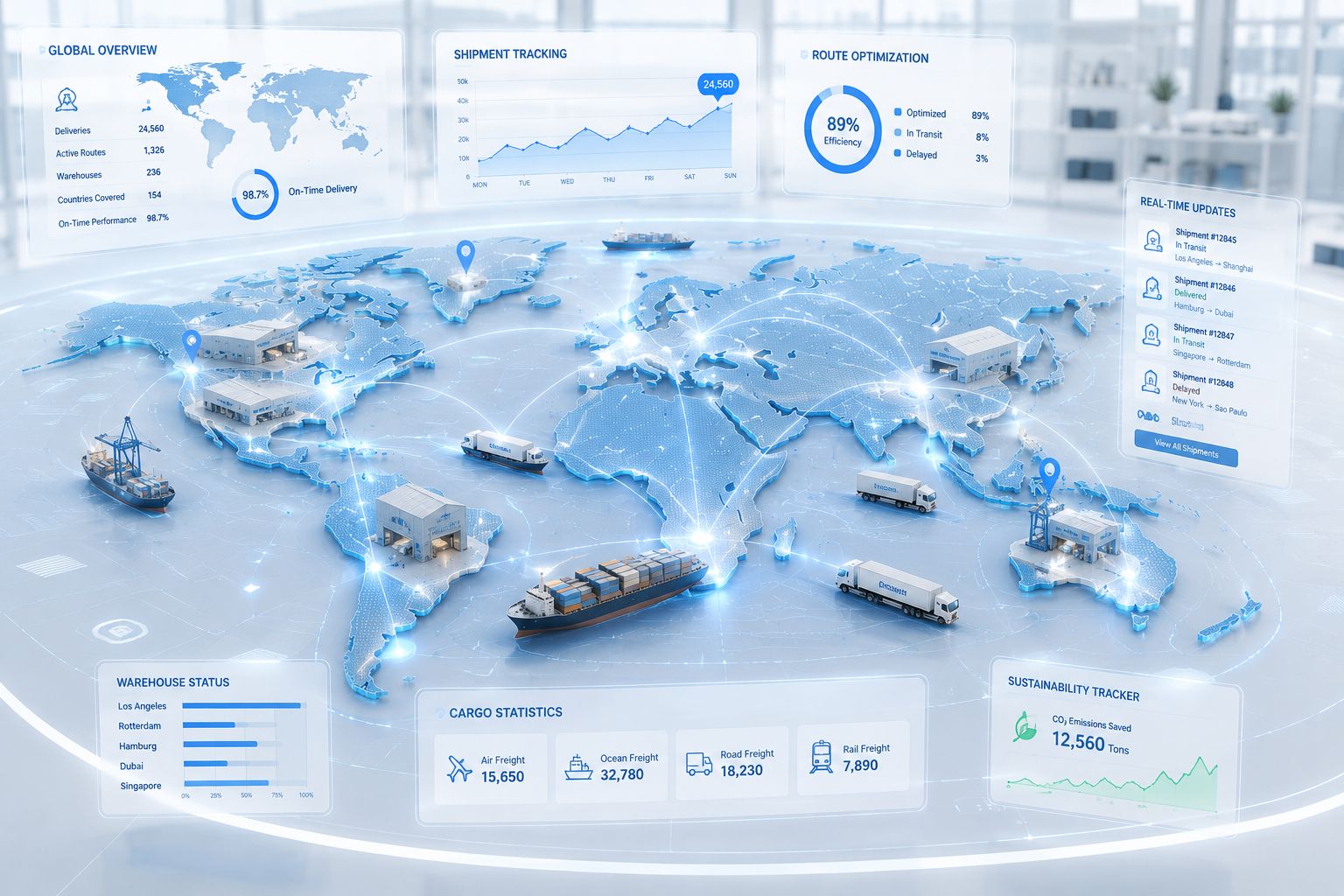 High-tech global logistics network visualization featuring a 3D holographic map, connected warehouses, cargo ships, trucks, and real-time supply chain analytics in a clean white-and-cyan interface.