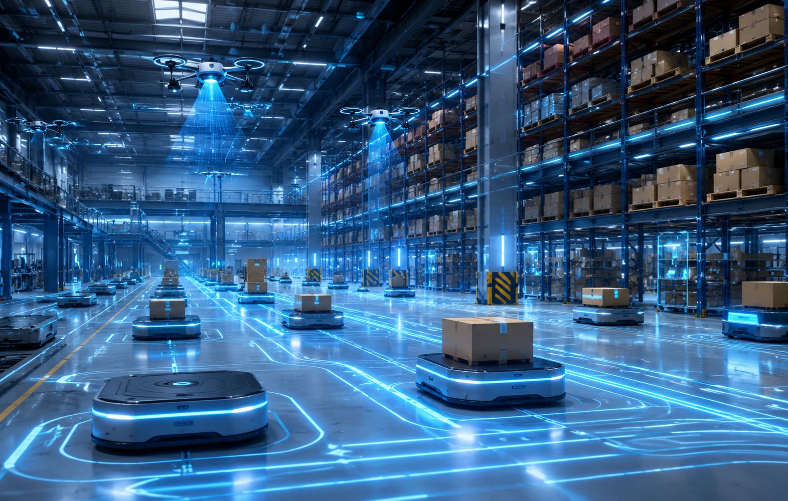 High-tech automated logistics warehouse featuring synchronized delivery robots on illuminated floor routes and overhead drones monitoring shelves in a vast, ultra-modern industrial space.