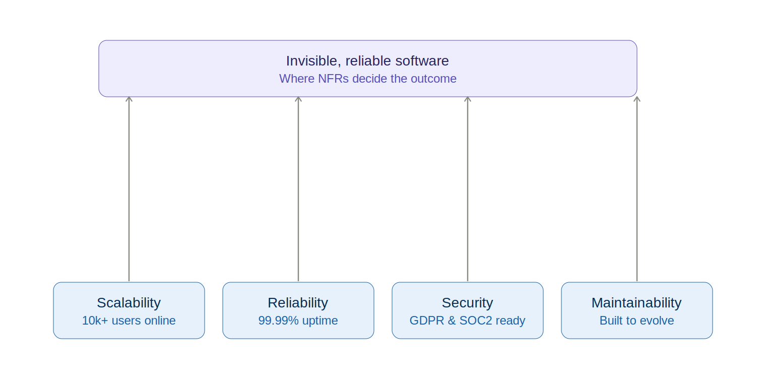 Diagram showing four non-functional requirement pillars — scalability, reliability, security, and maintainability — supporting software that stays invisible and reliable.