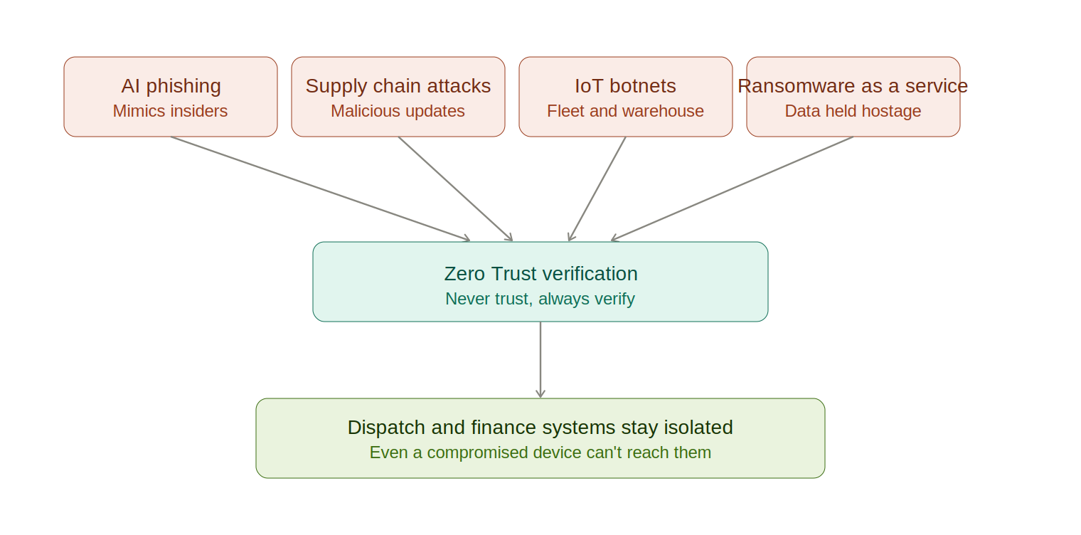 Diagram showing AI phishing, supply chain attacks, IoT botnet attacks, and ransomware as a service converging on a Zero Trust verification layer that protects dispatch and finance systems.