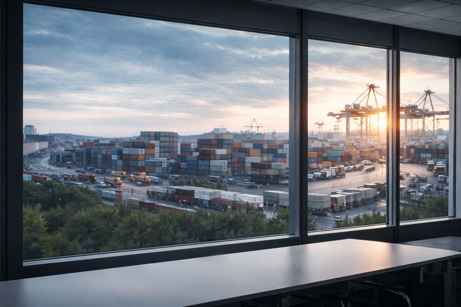 Container port operations at sunset seen through office windows, calm controlled