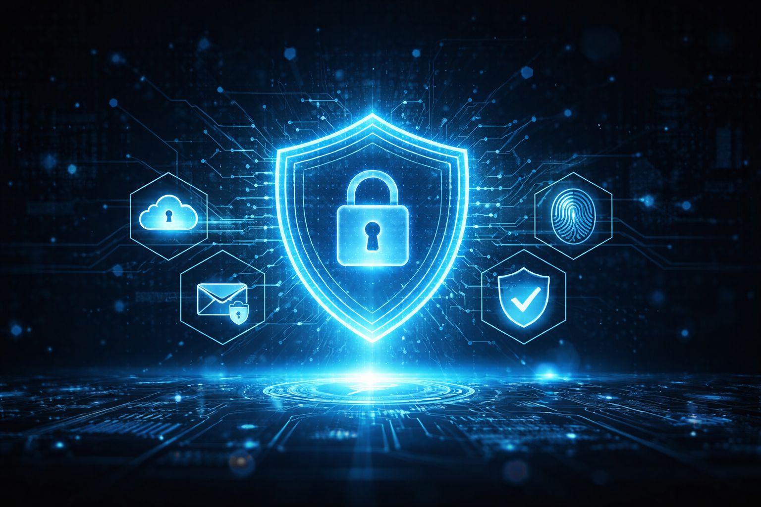 Futuristic cybersecurity shield with lock over glowing blue network circuits.