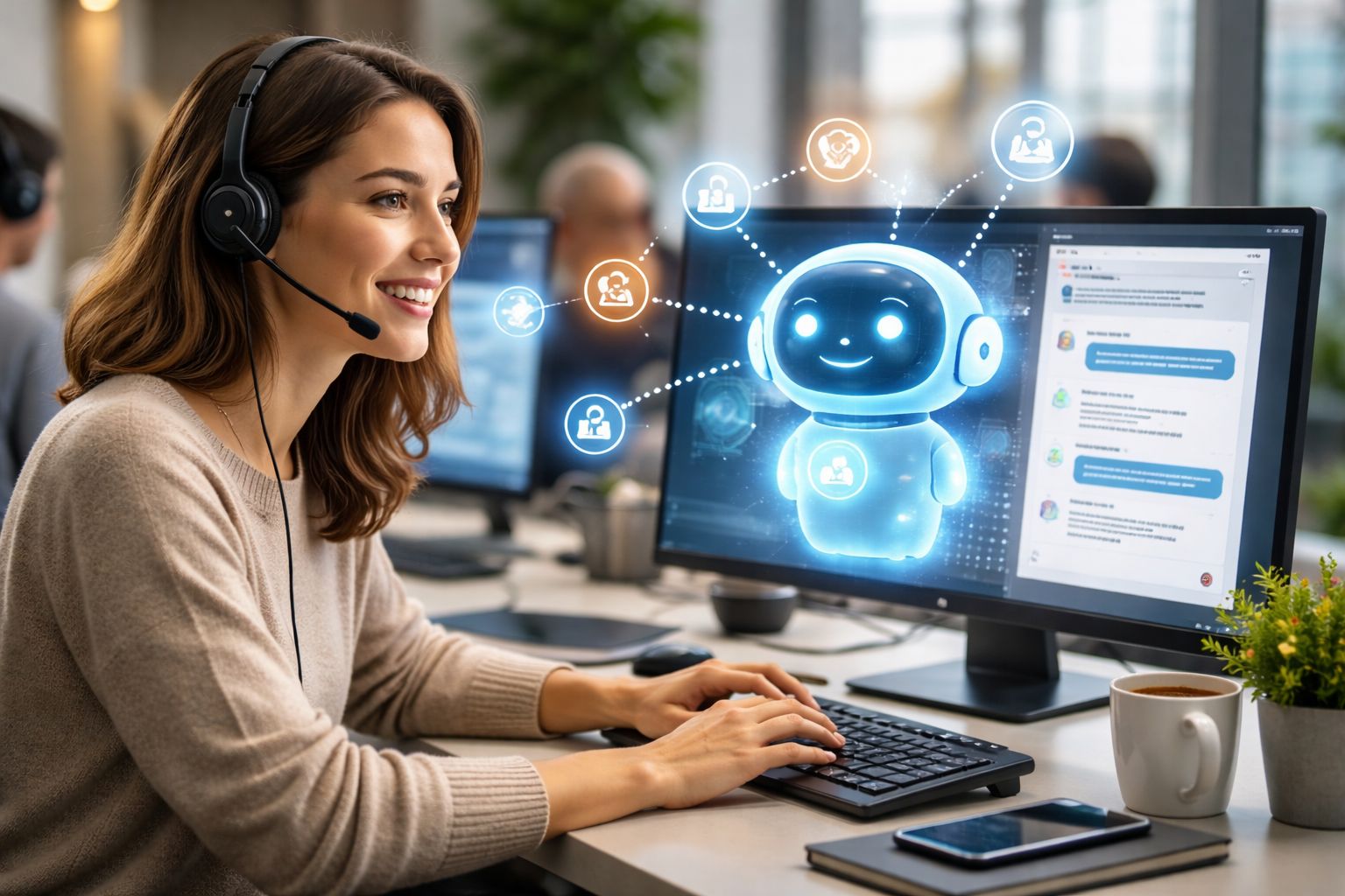 Customer support agent with headset using AI assistant on screen