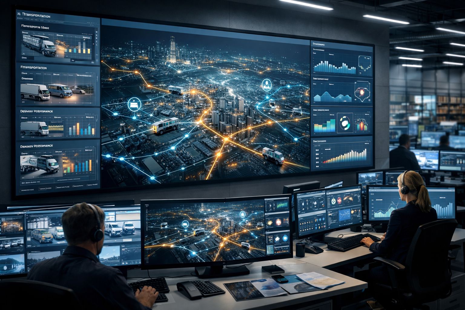 Centro de control logístico visualizando datos y rutas de la cadena de suministro.