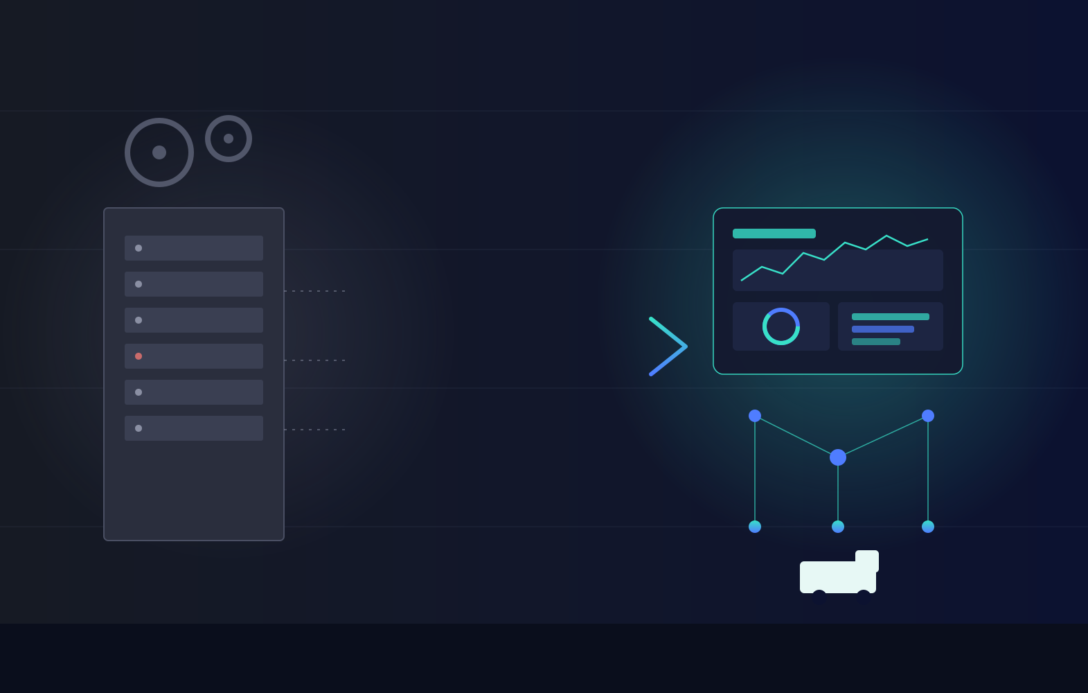Illustration of an old server tower transforming through an arrow into a modern dashboard with connected network nodes, symbolizing logistics platform modernization.