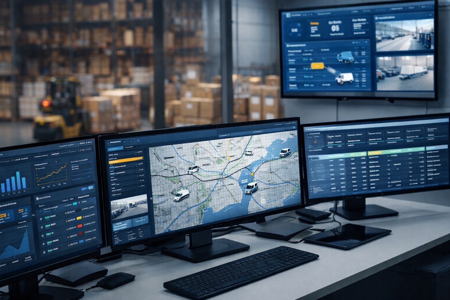 Logistics control center with real-time monitoring and warehouse operations