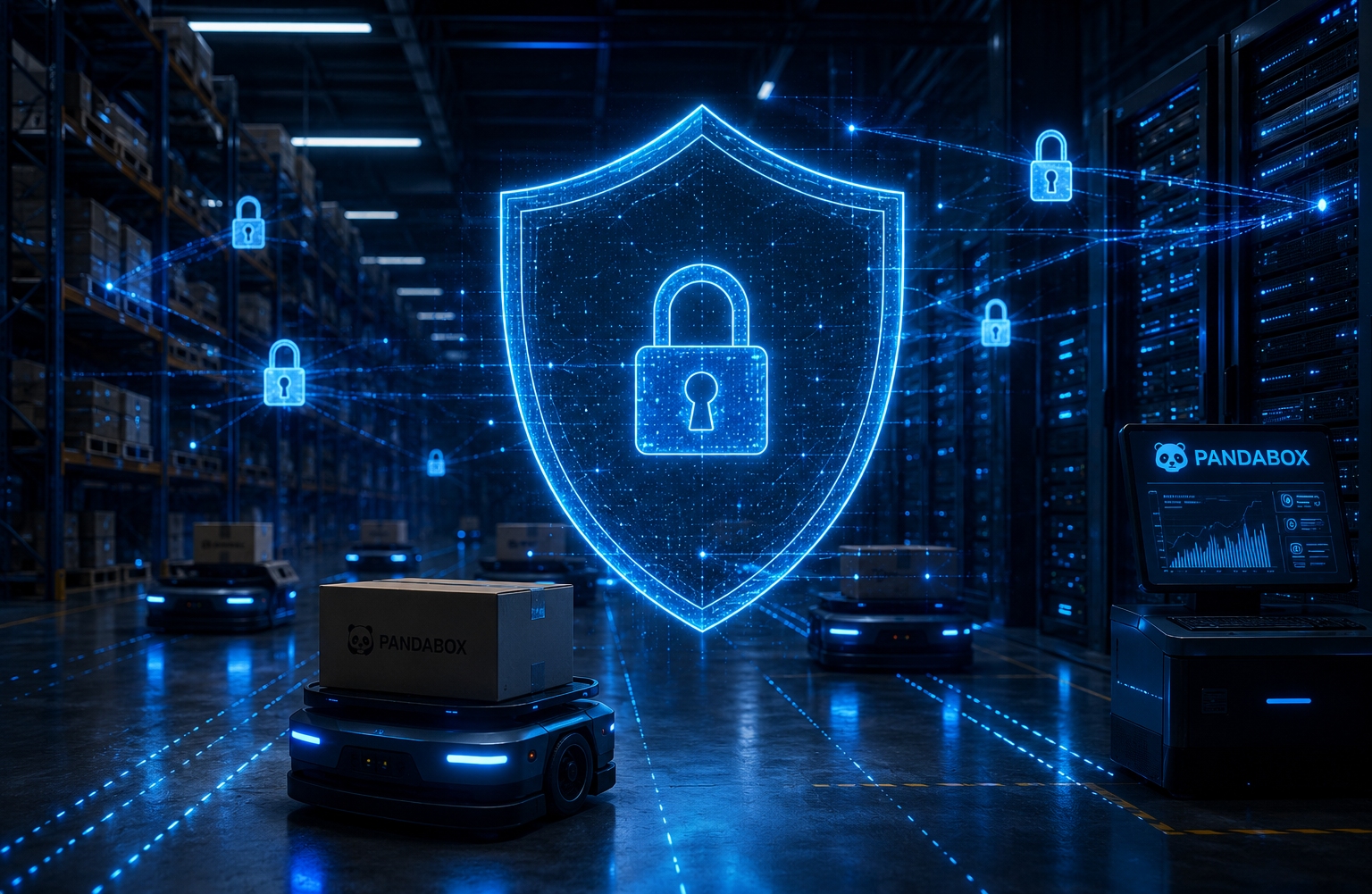 Cybersecurity illustration showing a central shield safeguarding logistics infrastructure nodes against cyber threats.