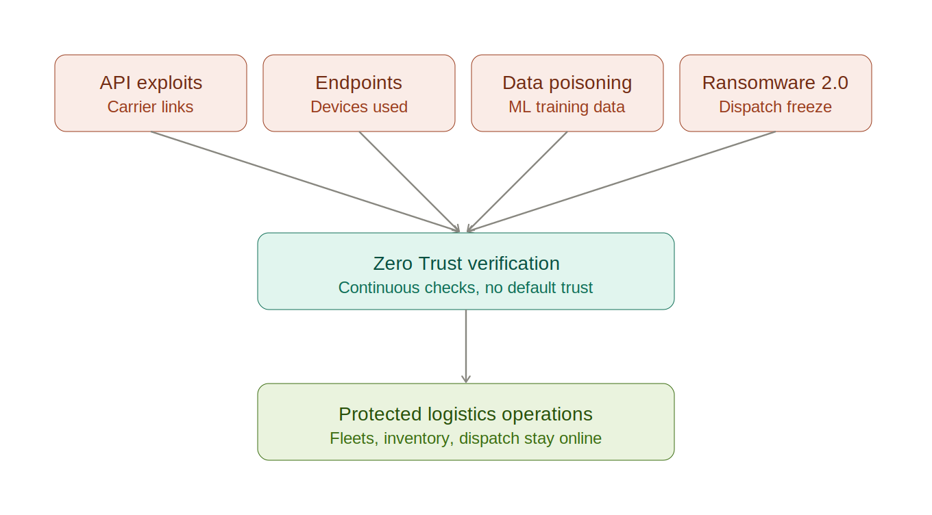 Diagram showing four cyber threats — API exploits, endpoints, data poisoning, ransomware — flowing into a Zero Trust verification layer that protects logistics operations.