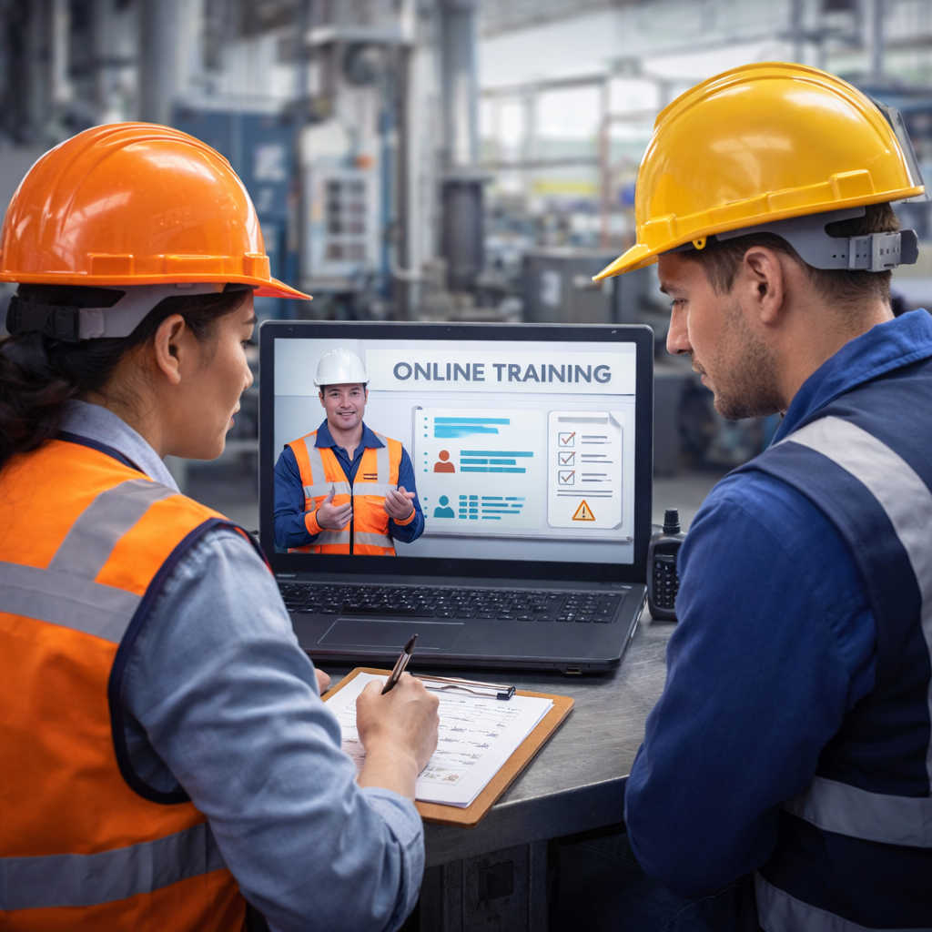 Trabajadores de fábrica completando formación digital en seguridad y procesos durante su jornada laboral.