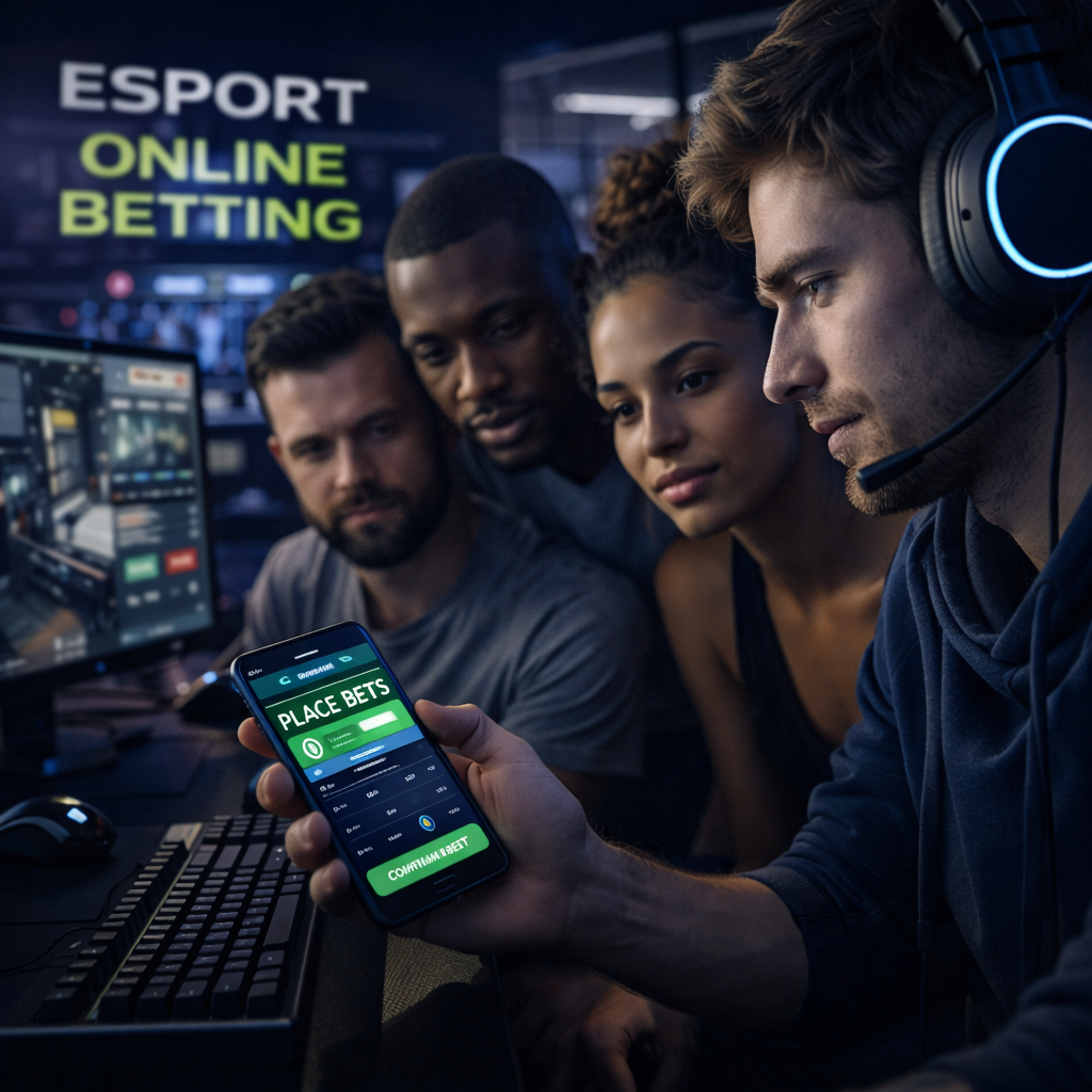 Calm esports betting environment with players analyzing odds on a smartphone during a live stream