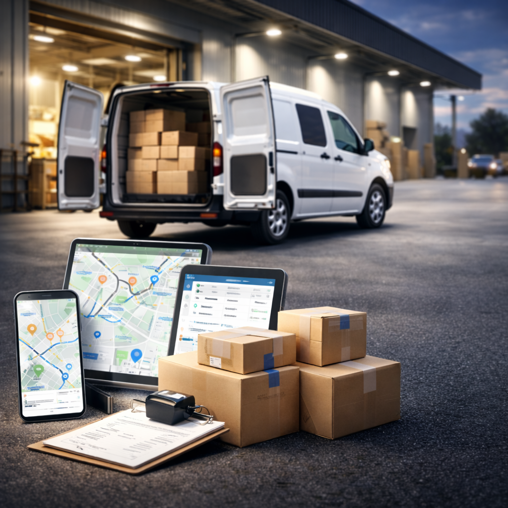 Flujo de trabajo moderno de logística de entrega que muestra mercancías empaquetadas, sistemas de despacho y herramientas de optimización de rutas cerca de un almacén.