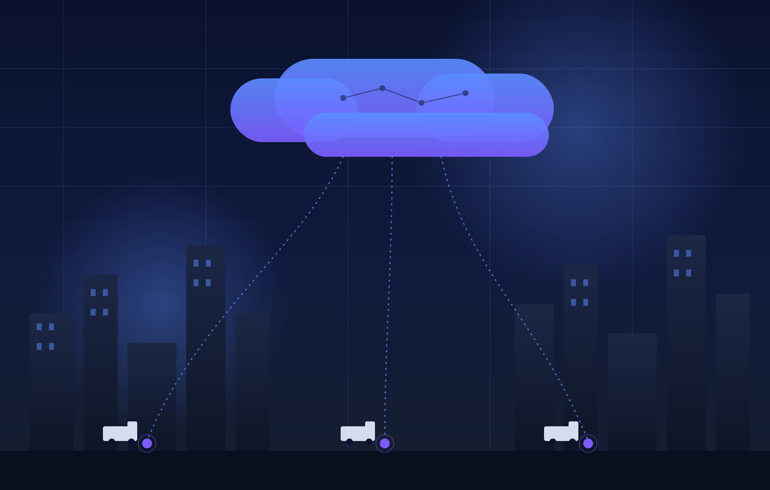 Illustration of a glowing cloud linked by dashed delivery routes to trucks and hubs across a dark city skyline.