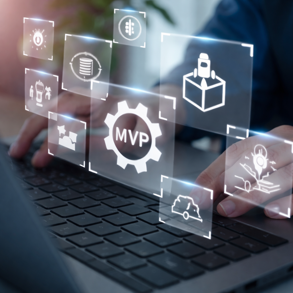 Desarrollo de MVP para startups que muestra manos trabajando en un portátil con elementos visuales que simbolizan un lanzamiento rápido, validación de ideas y crecimiento iterativo.