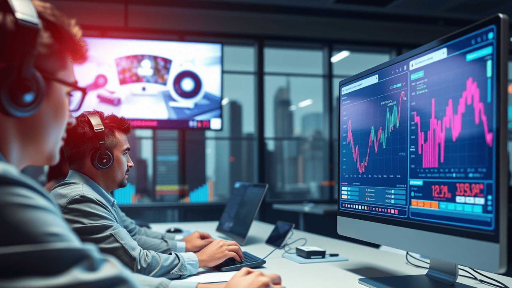 Business professionals analyzing gamified performance dashboards in a modern office environment, illustrating how gamification boosts employee engagement through data-driven feedback and motivation systems.