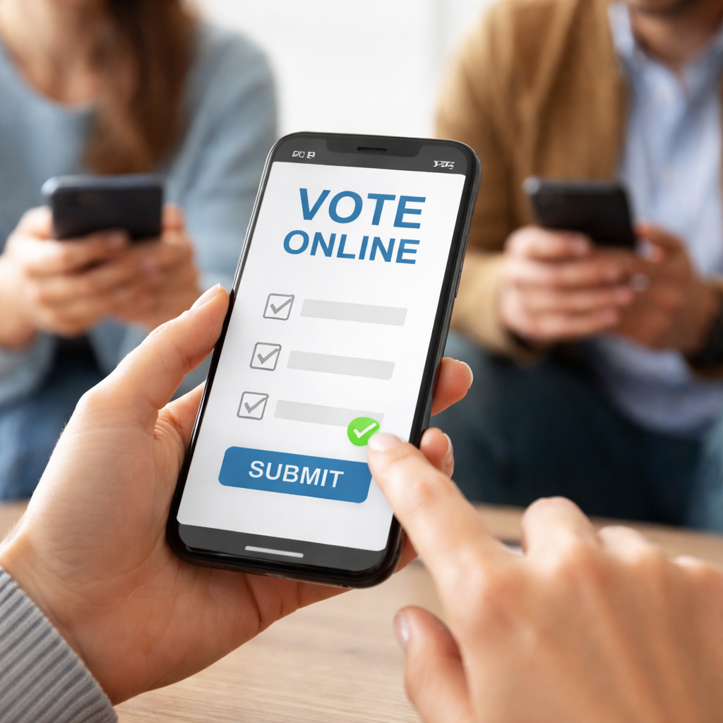 Personas votando en un smartphone mediante una interfaz de votación móvil, con un botón de confirmación y una lista de verificación visibles en la pantalla.